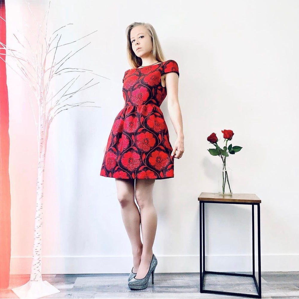 Alice + Olivia Floral Jacquard Cocktail Dress Metallic Black Pink Red V …